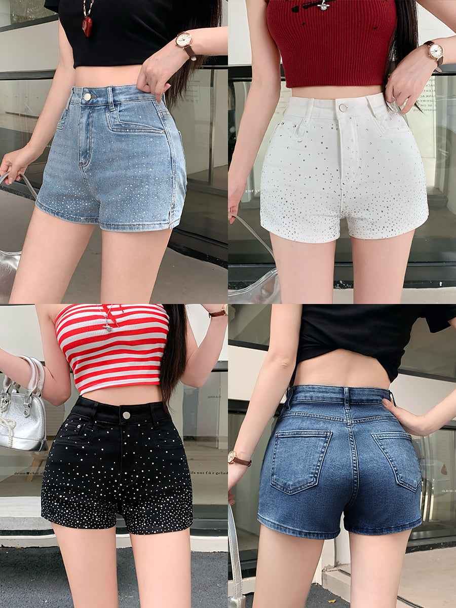 High-Waisted Rhinestone Denim Shorts – Vintage Wash Stretch Denim