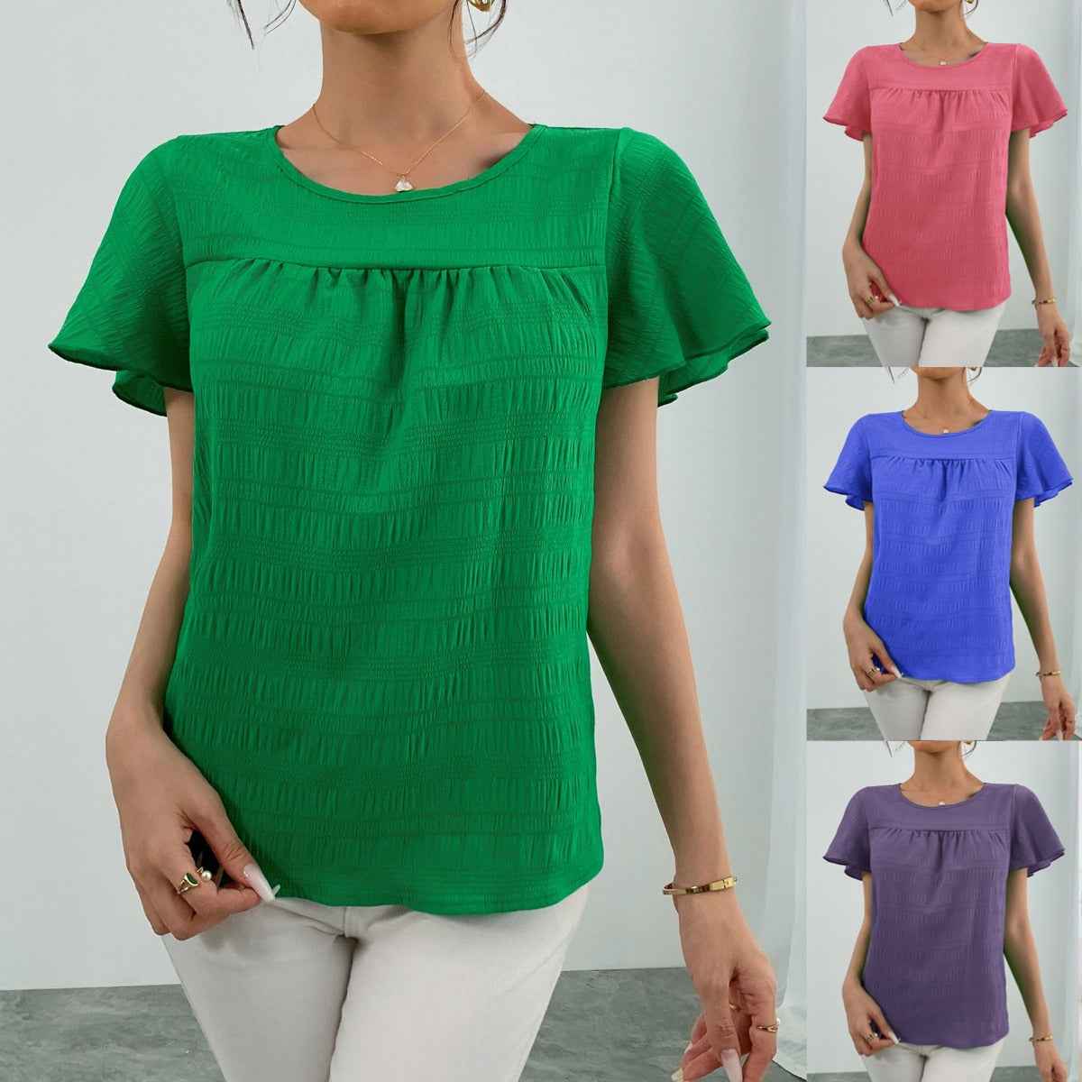 Women's Ruffle-Detail Crew-Neck Short-Sleeve Pullover Top