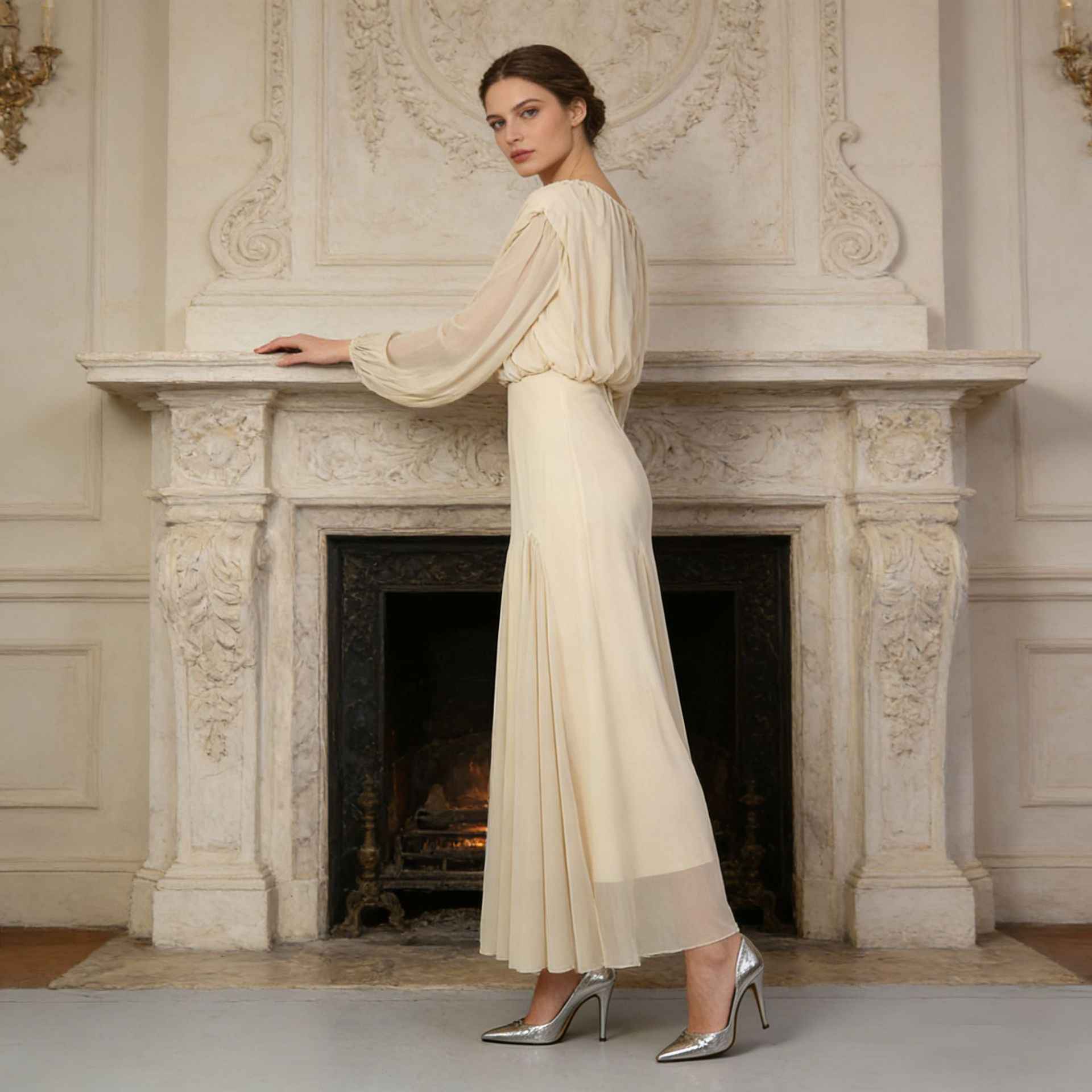 High-Waist Long-Sleeve Pleated Loose A-Line Floor-Length Maxi Dress