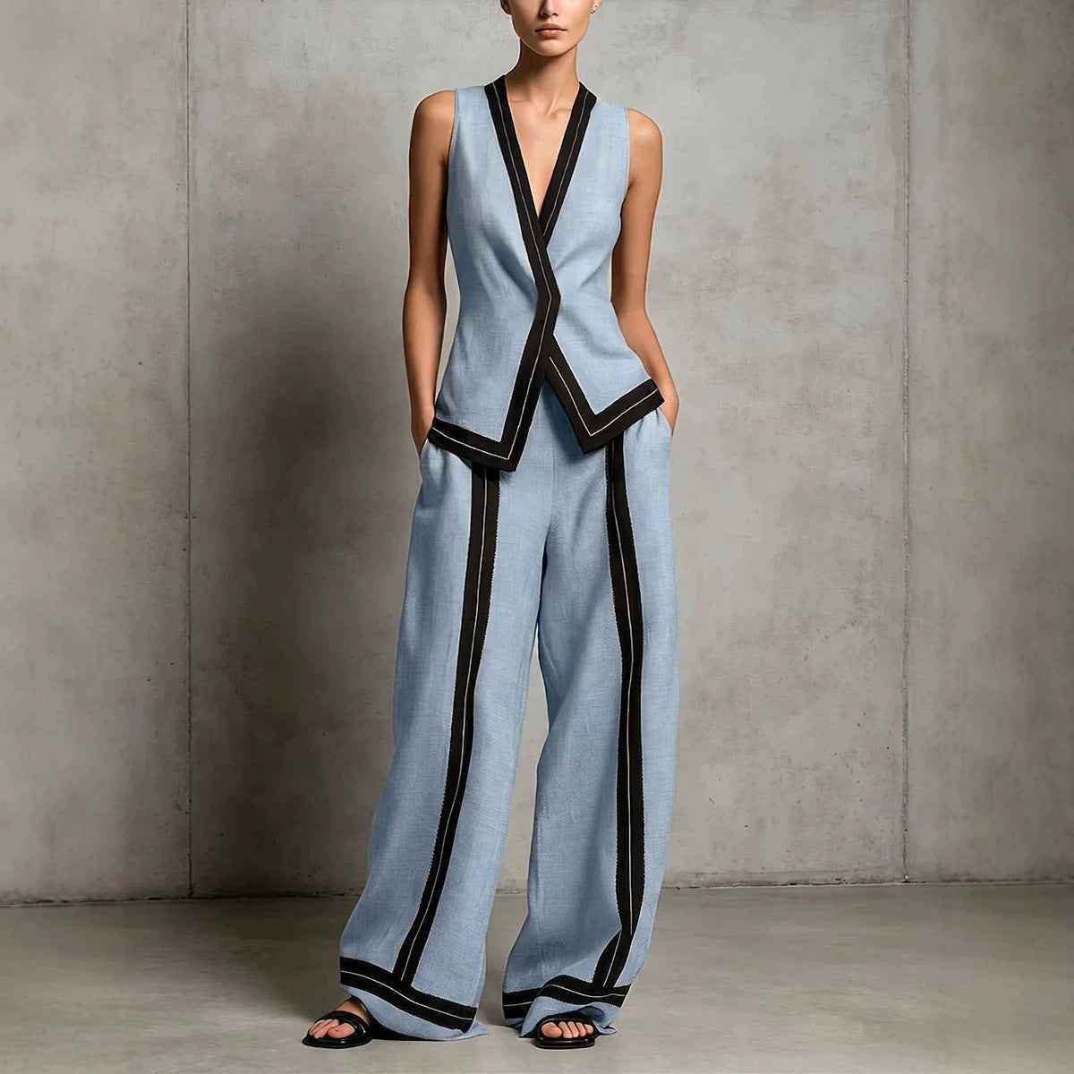 V-Neck Tank Top & Wide-Leg Pants Set — Casual Two-Piece
