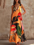 V-Neck Printed Sleeveless Vest Dress — Loose Fit Mid-Rise
