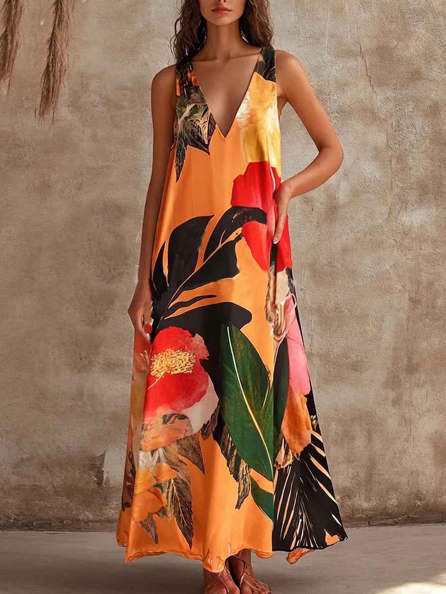 V-Neck Printed Sleeveless Vest Dress — Loose Fit Mid-Rise