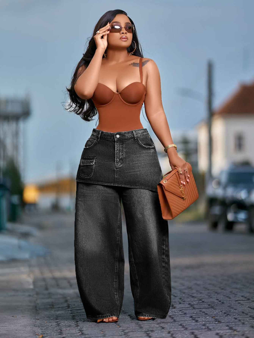 Women's Retro Wide-Leg Denim Jeans — Faux Two-Piece Style