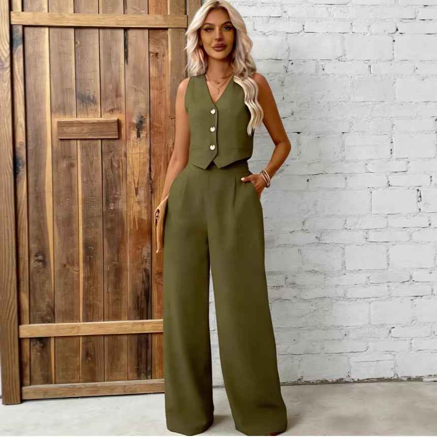 Sleeveless Vest & Trousers Set — Patchwork Detail, Casual Two-Piece