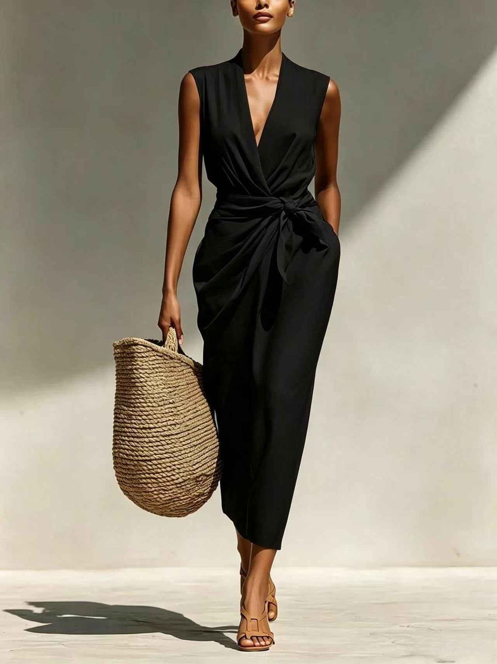 Sleeveless Adjustable-Waist Pleated Linen Slim-Fit Midi Dress
