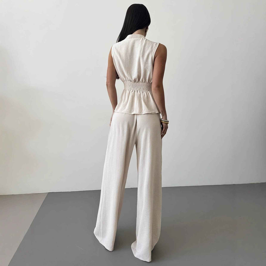 Lace-Up V-Neck Vest & Wide-Leg Trousers Set — Apricot & Khaki, S–XL