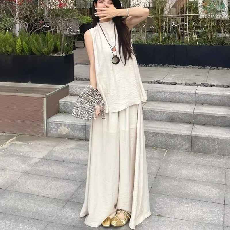 Womens Summer Lazy-Style Loose Sleeveless Top And Fashionable Wide-Leg Long Pants Two-Piece Set