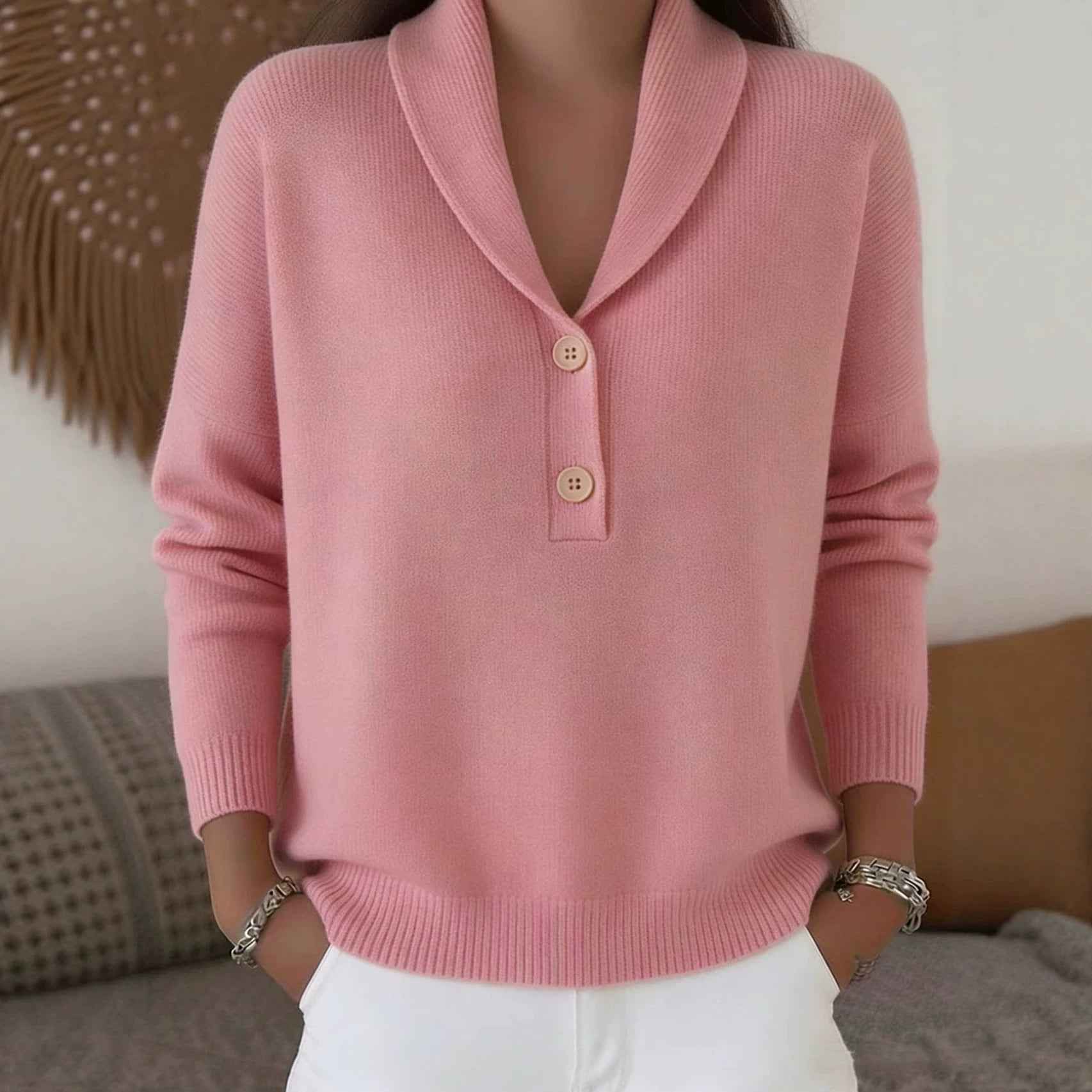 Polo Neck Knit Sweater – Loose Fit Button Detail Pullover