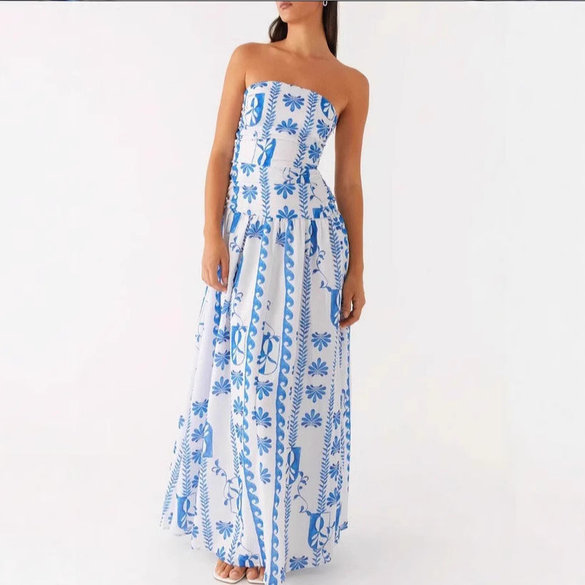 Strapless Pleated Patchwork Printed Dress