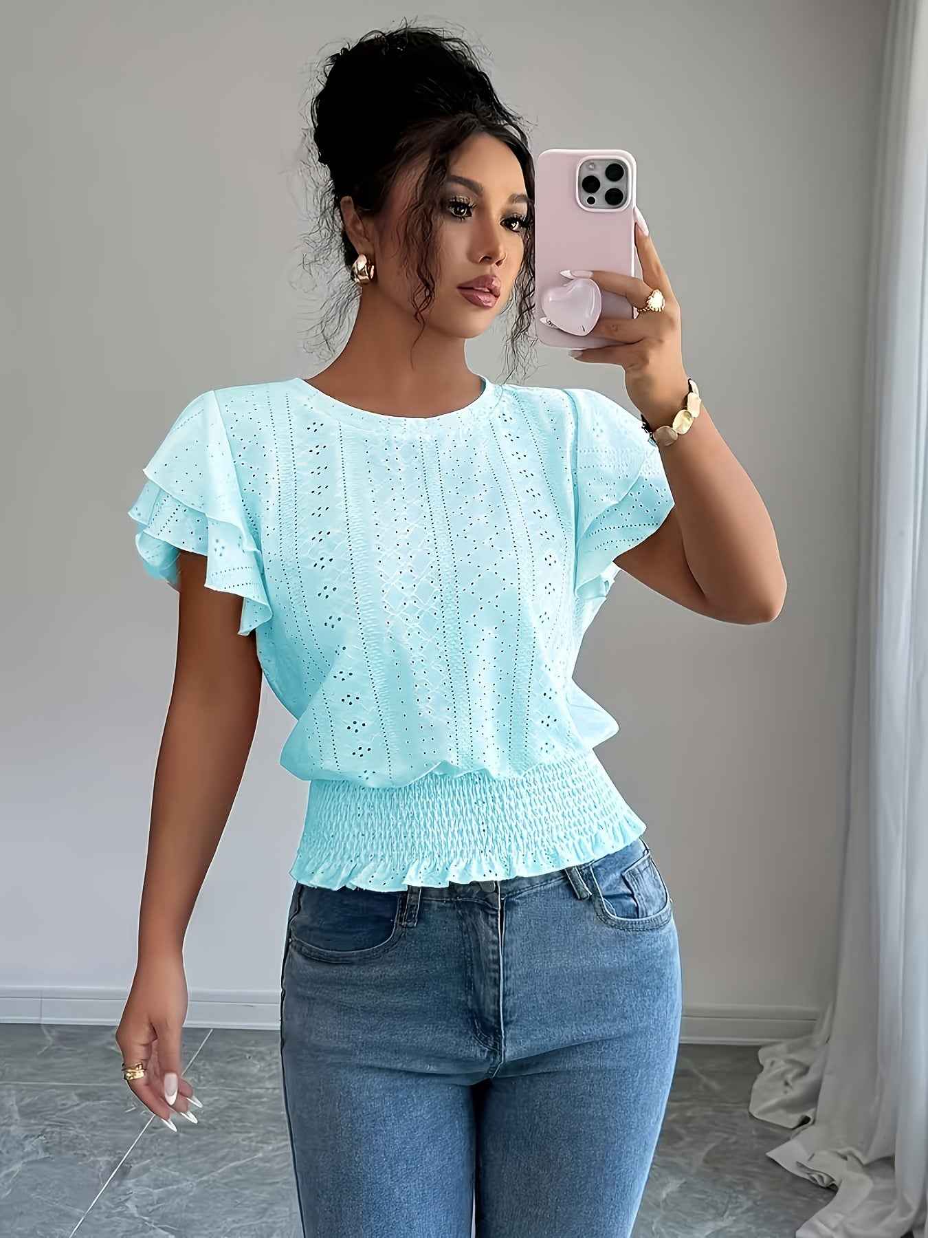 Womens Solid-Color Casual Round-Neck Top