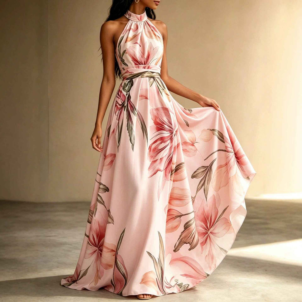 Sleeveless High-Waist Open-Back Floral Print Flared Hem Maxi Dress