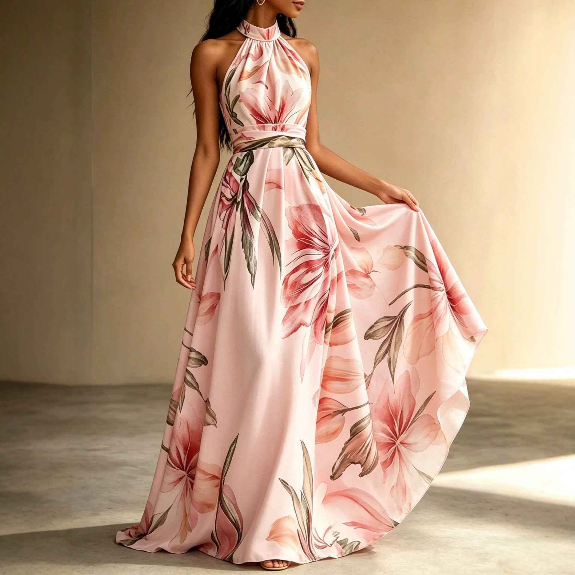 Sleeveless High-Waist Open-Back Floral Print Flared Hem Maxi Dress