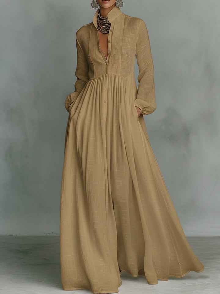Elegant Stand Collar Button Down Maxi Dress - Long Sleeve Pleated Flowy Gown With Pockets