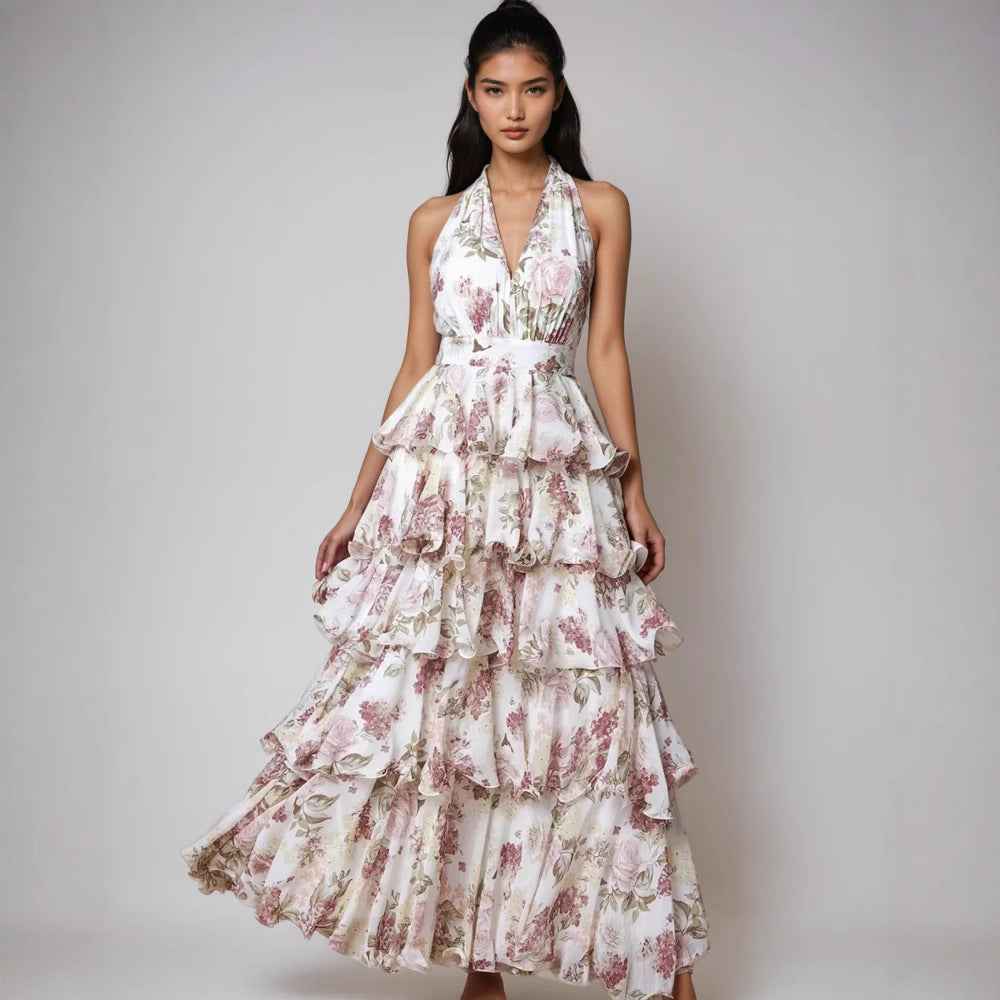 Womens V-neck Strap Multi-layer Printed Dress