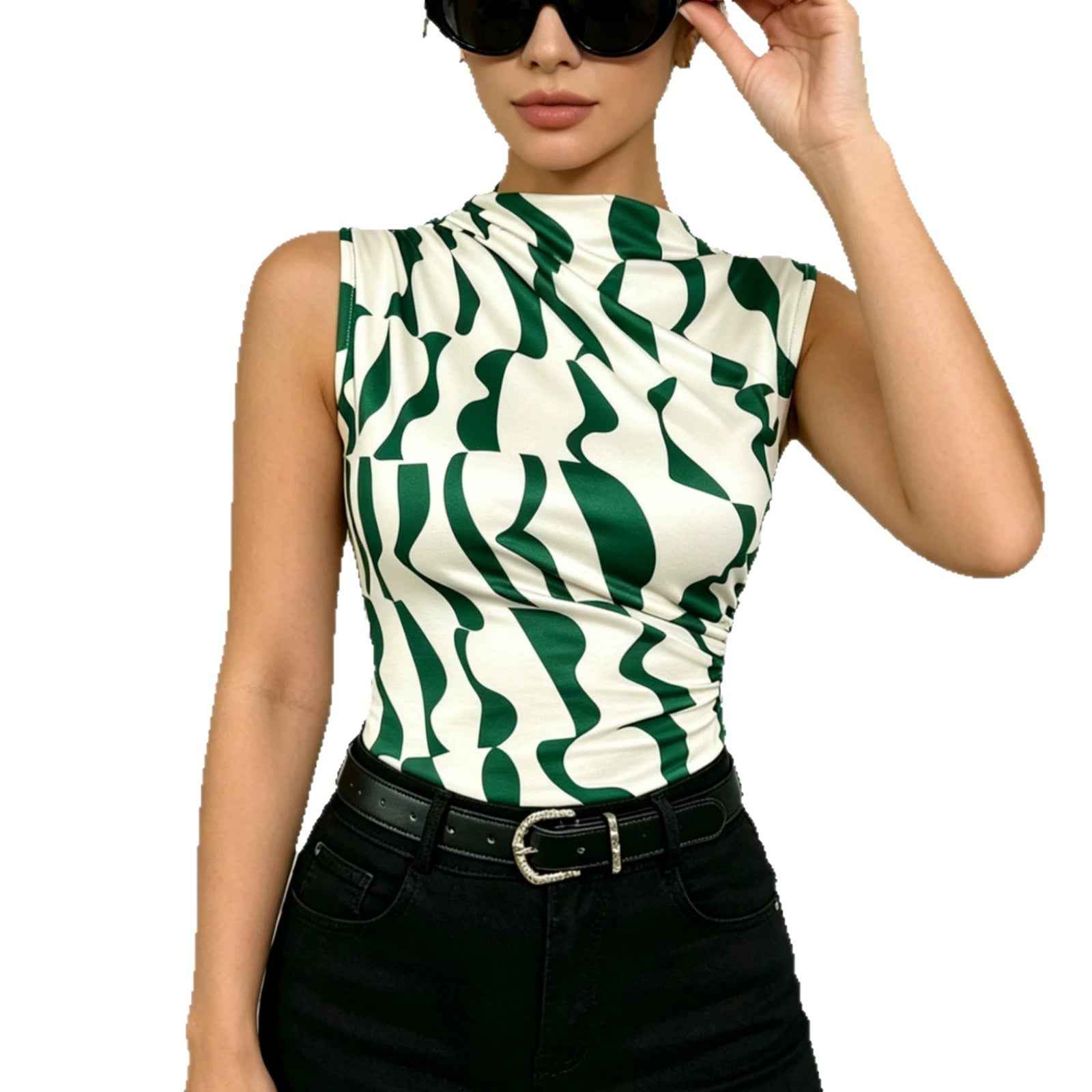 Printed Sleeveless Turtleneck Fitted Top