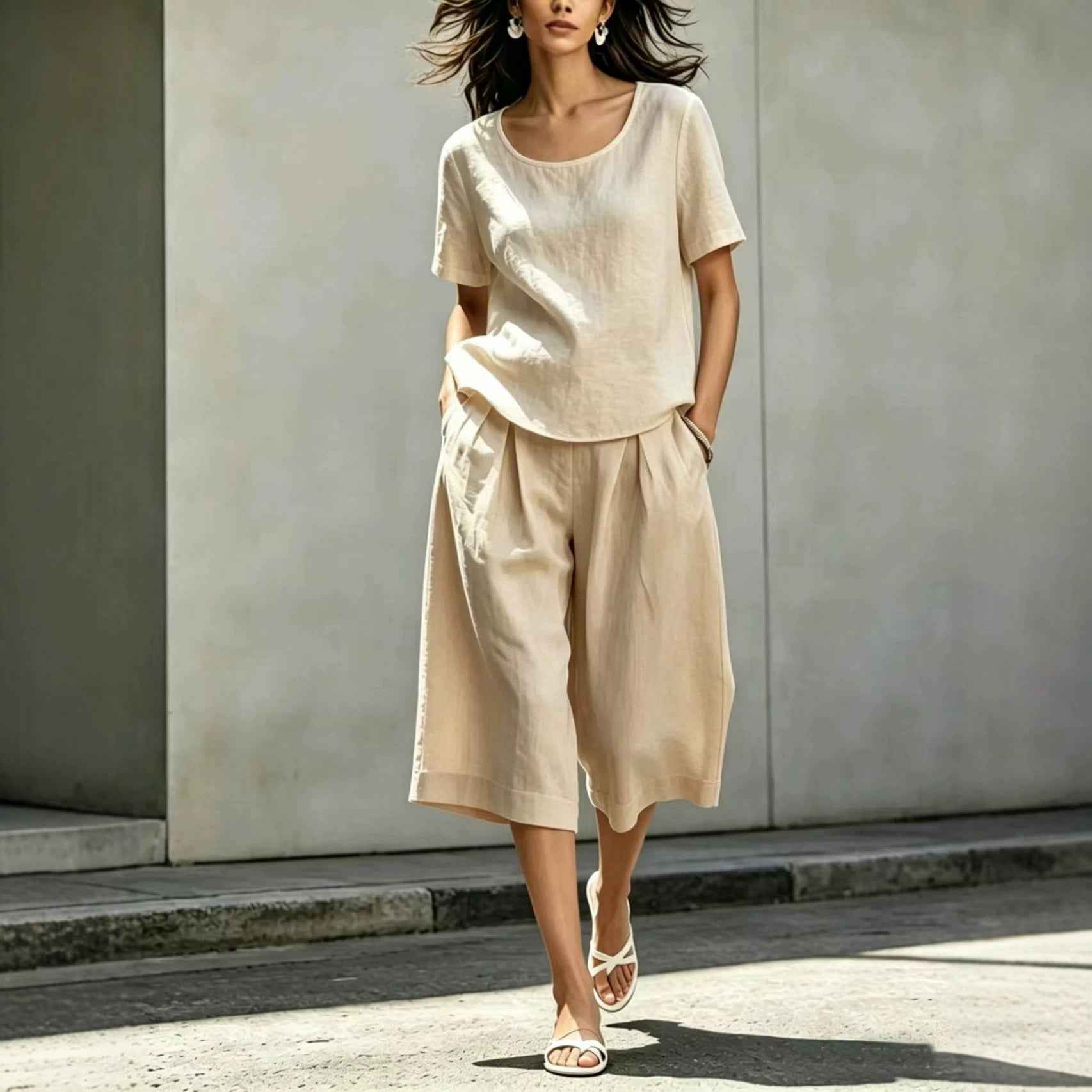 Cotton-linen Casual Loose-fitting Short-sleeve Top And Shorts Set