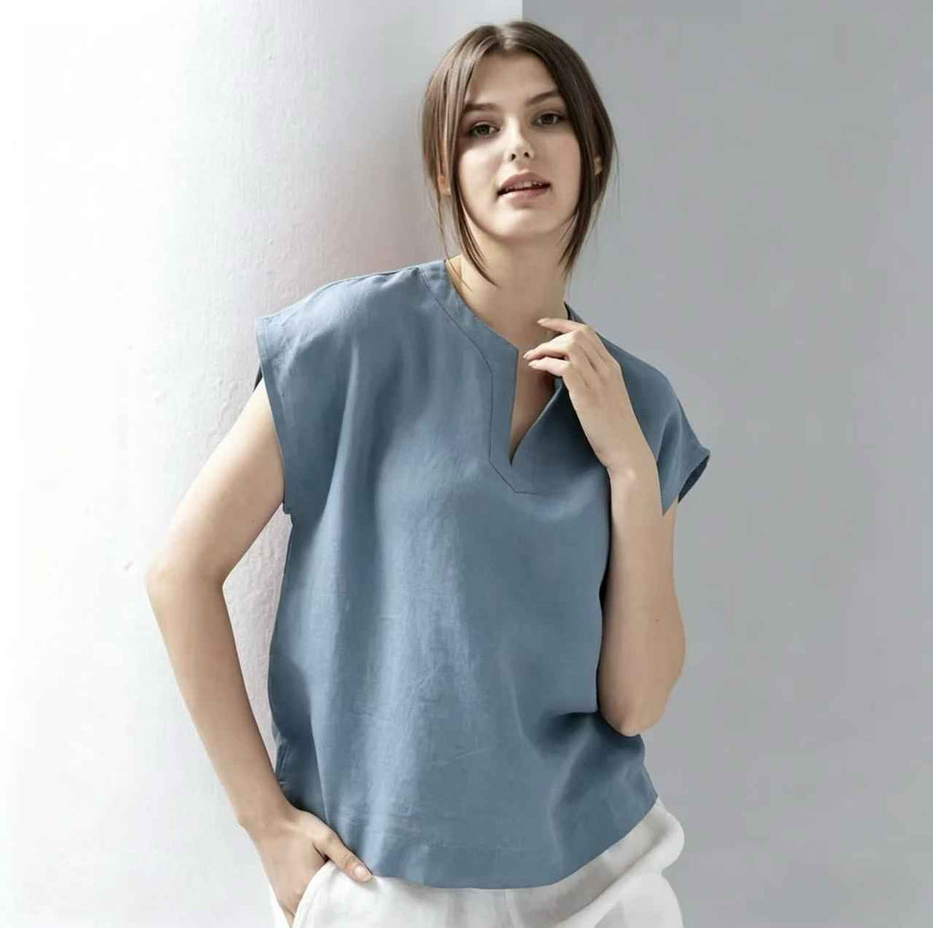 V-Neck Linen Short Sleeve Pullover Top