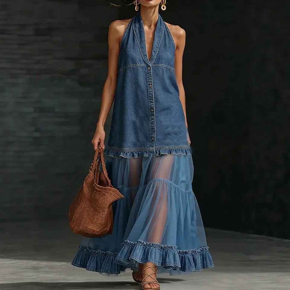 Women's Retro Denim-Style Patchwork Maxi Dress
