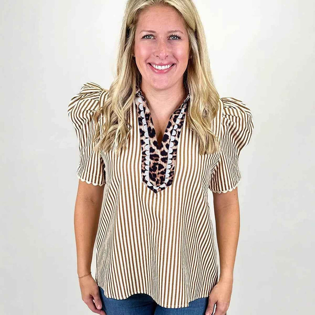 Women's Color-Block Printed Chiffon Puff Sleeve Blouse