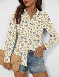 Embossed Print Notched-Collar Long-Sleeve Blouse