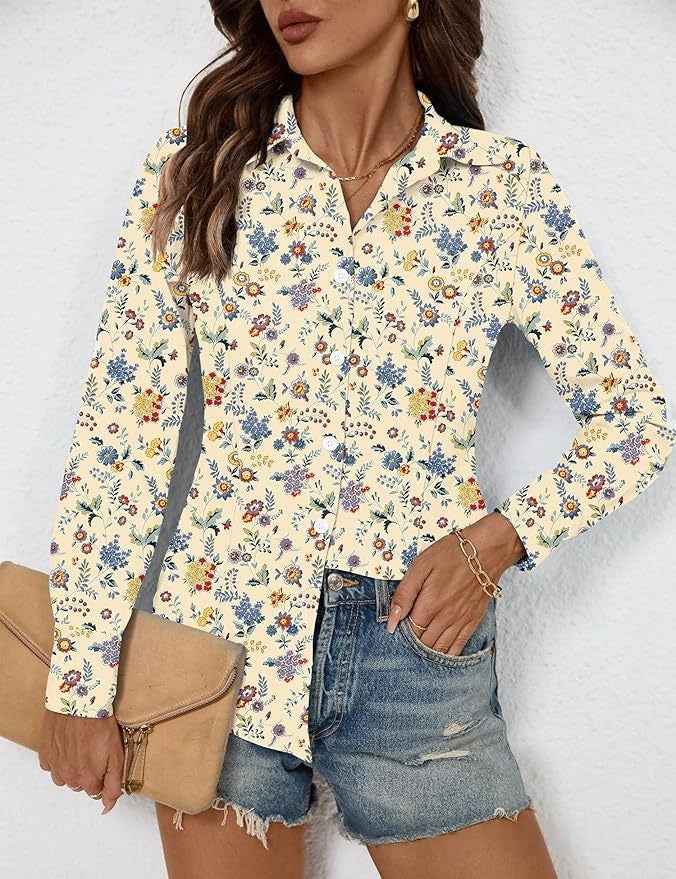 Embossed Print Notched-Collar Long-Sleeve Blouse