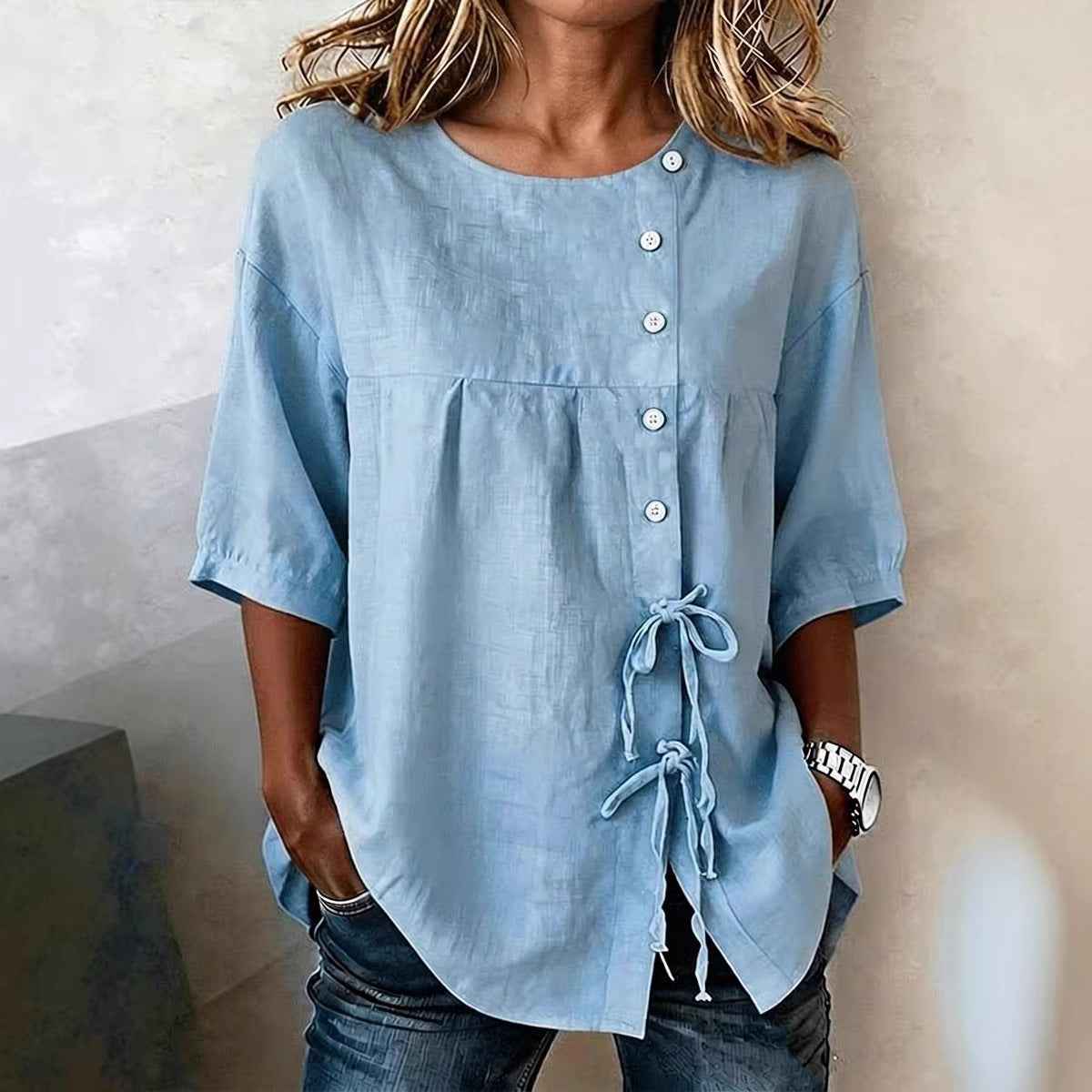 Lace-Up Button Linen Shirt – Asymmetric Three-Quarter Sleeve