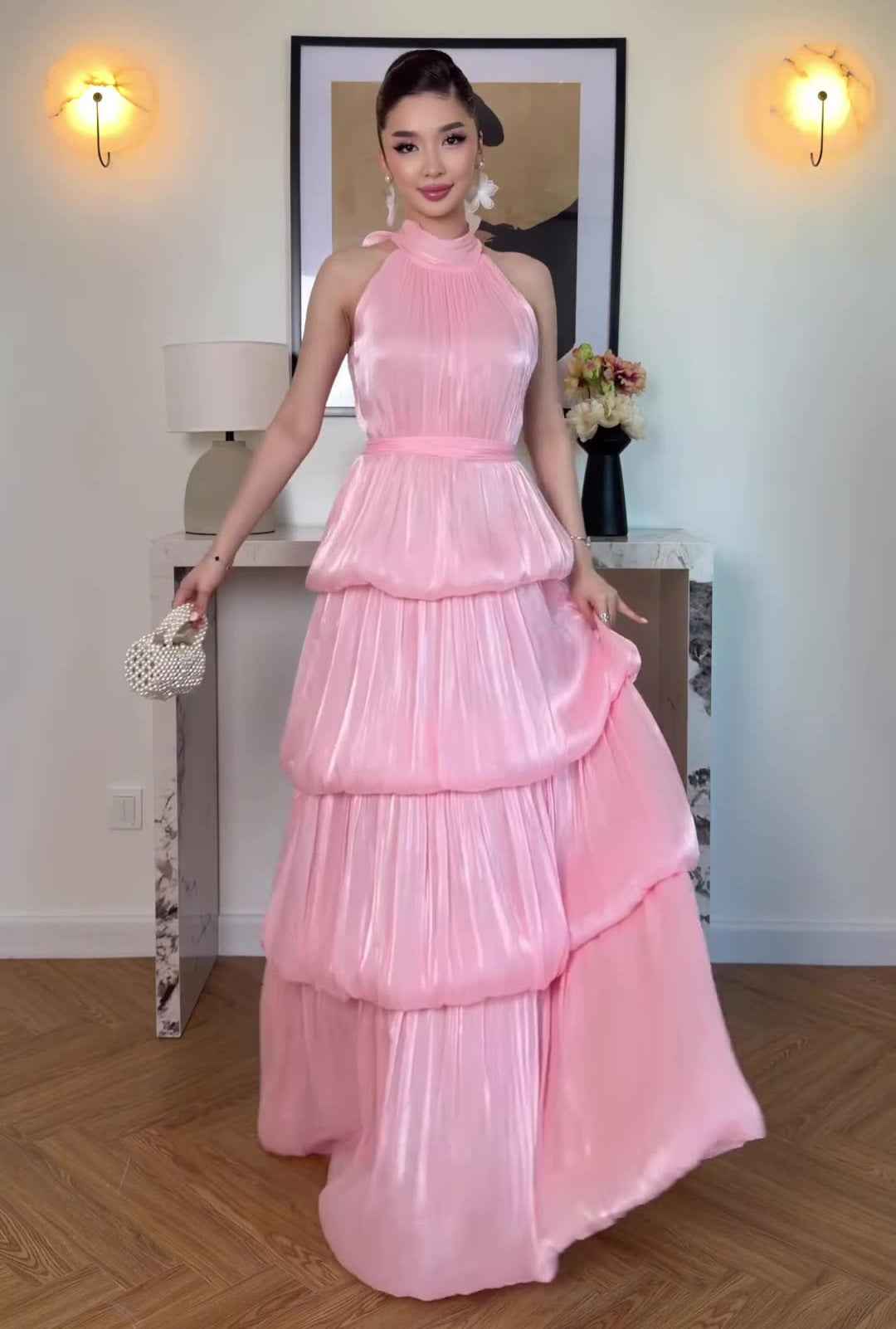 Off-shoulder Halter-neck Silk Dress For Women