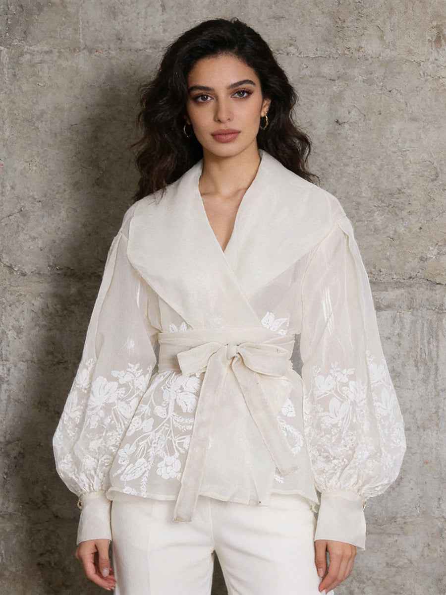 Floral Embroidery Wrap Blouse | Bishop Sleeve Organza Top