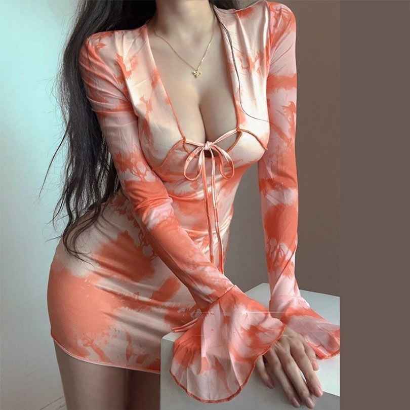 Printed Flared-Sleeve Pullover Short Dress
