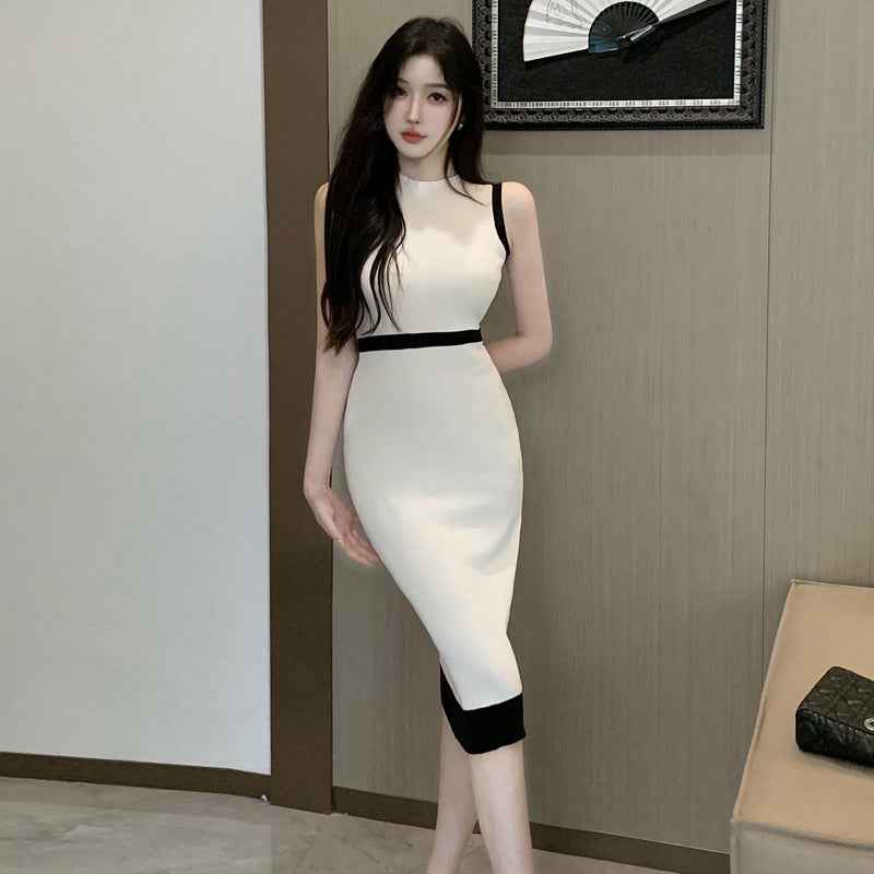 Colour-Block Sleeveless Midi Dress – High Waist Slim Fit