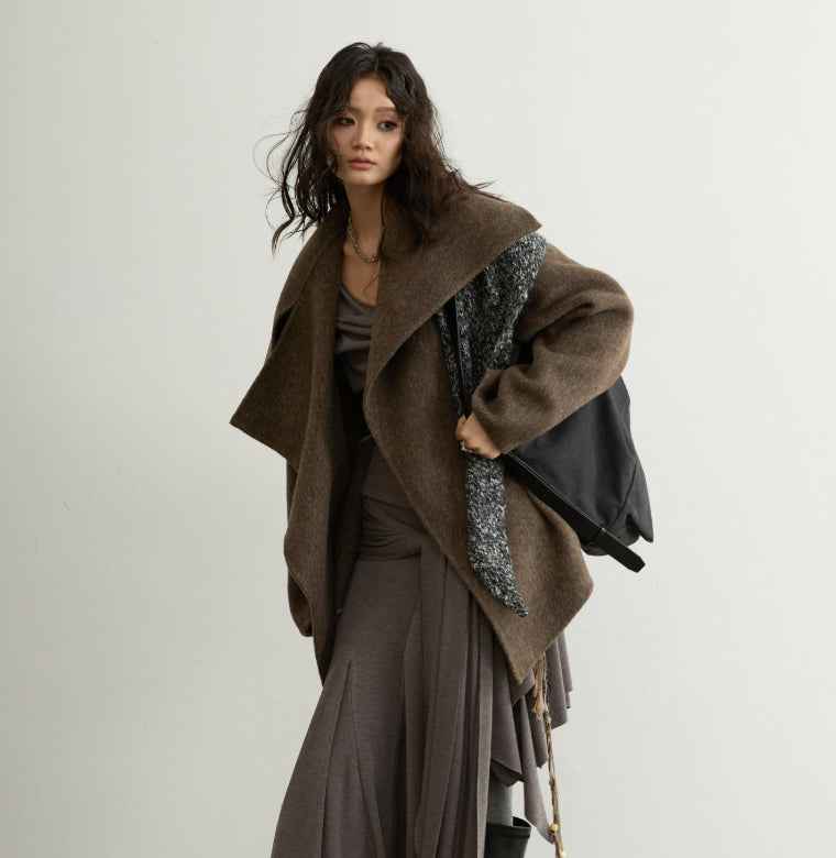 Double-Faced Wool Coat with Belt – Dark Brown