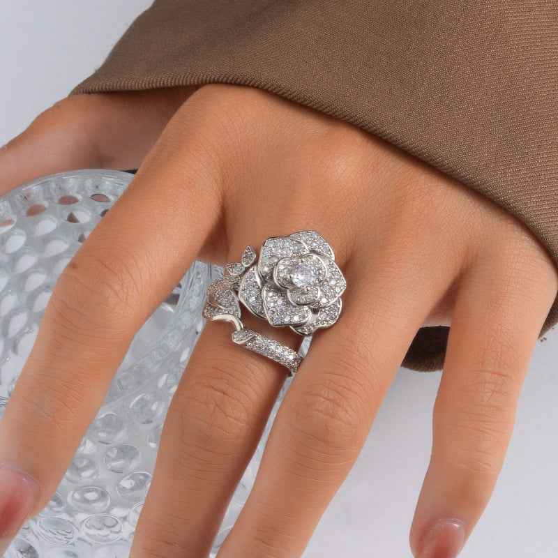 Fashionable Light-luxury High-end Diamond-studded Camellia Open Ring