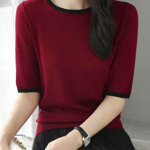 Colour-Block Short-Sleeve Knit Top — 5 Colours, S–3XL