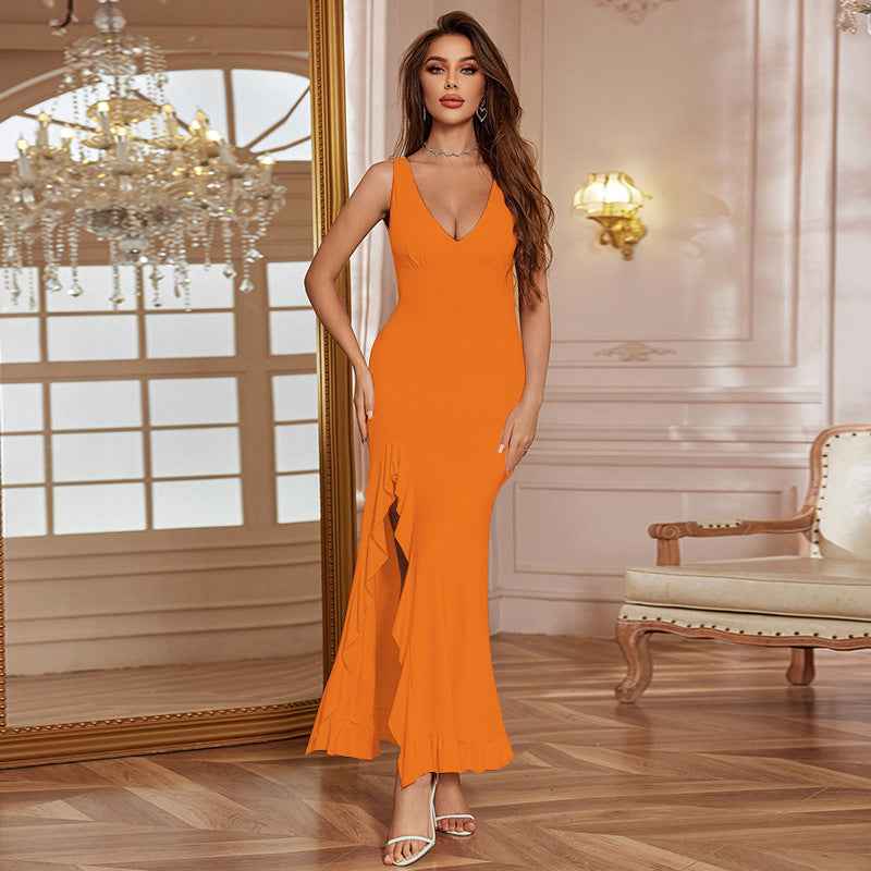 V-Neck Ruffle Slit Bodycon Maxi Dress
