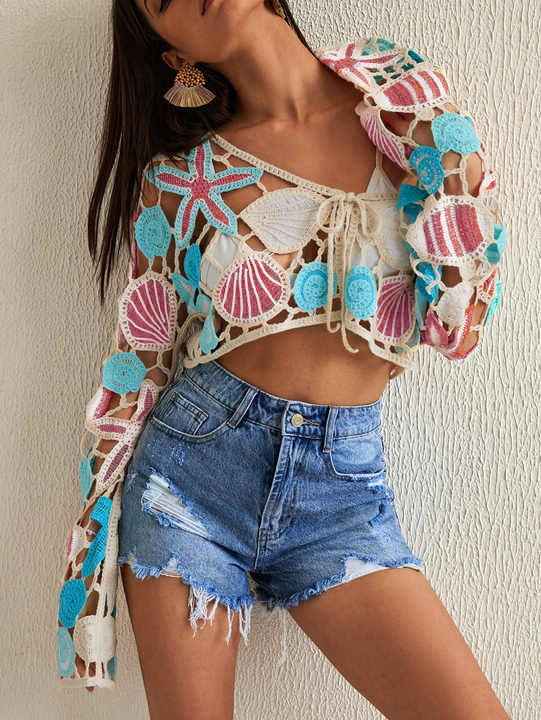 Womens Hollowed-Out Sun-Protective Knitted Cardigan
