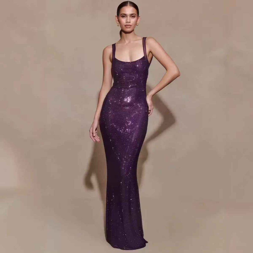 Rhinestone Embellished A-Line Maxi Dress – Tie-Back Luxury