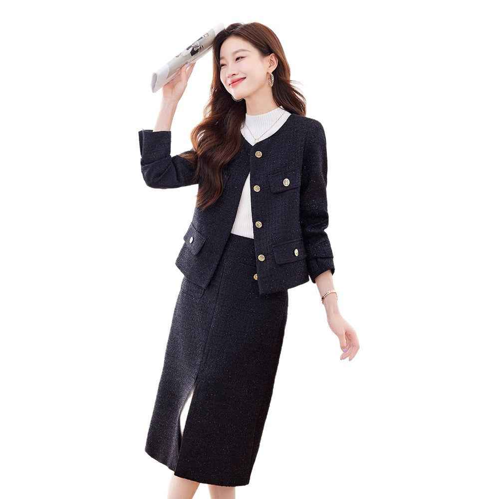 Women's Long-Sleeve Blazer & Midi Skirt Suit Set — 2 Colours