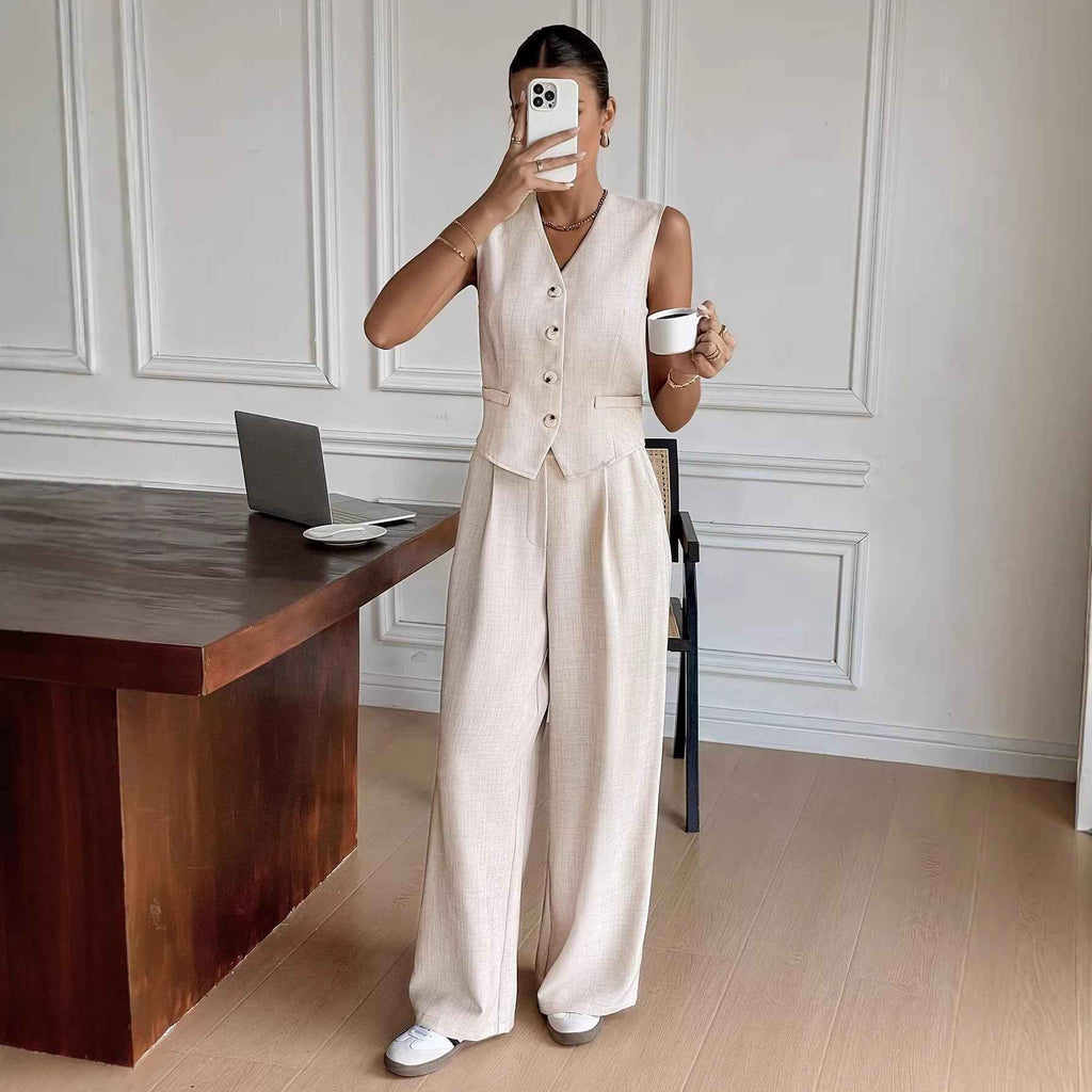 Buttoned Sleeveless Vest & Wide-Leg Trousers Set — Elegant Workwear
