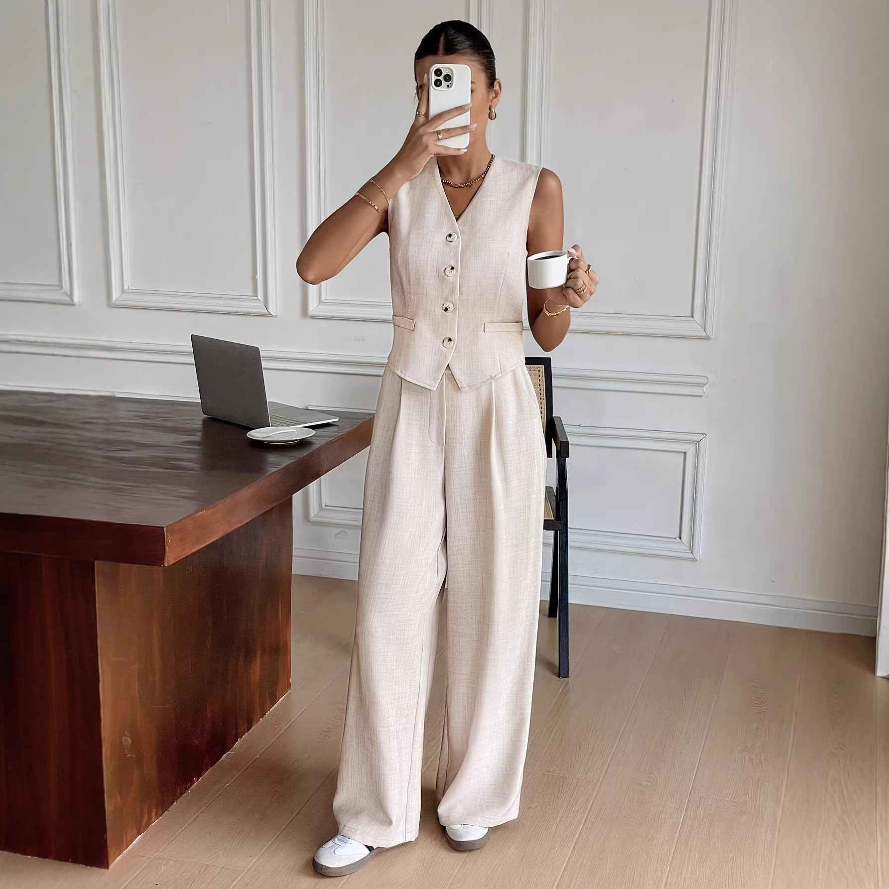 Buttoned Sleeveless Vest & Wide-Leg Trousers Set — Elegant Workwear