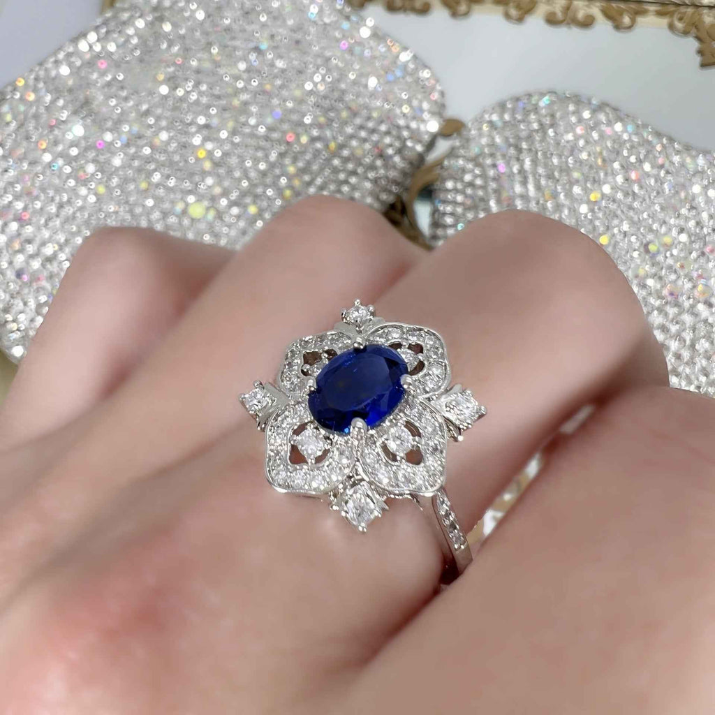 18k Gold plated Blue Diamond Flower shaped Ring With Colored Gemstone Inlay