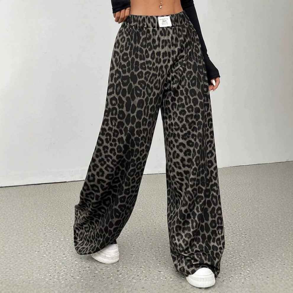 Leopard Print High-Waist Wide-Leg Pants — Loose Fit, Wrinkle-Resistant