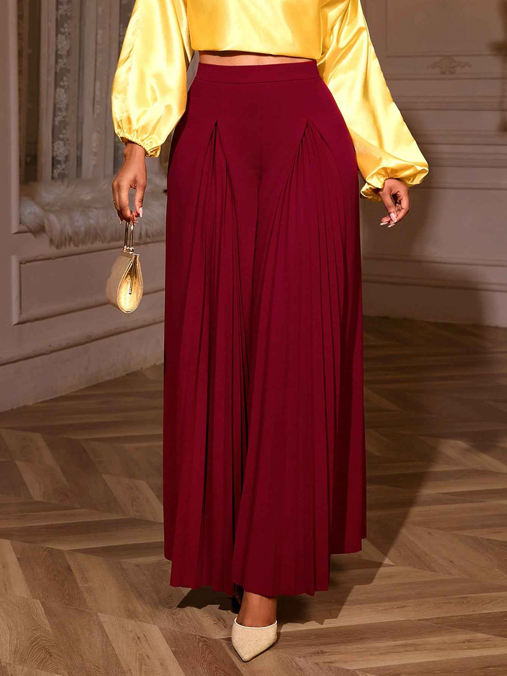 High Waist Dual Pleated Panel Wide Leg Floor Length Palazzo Pants