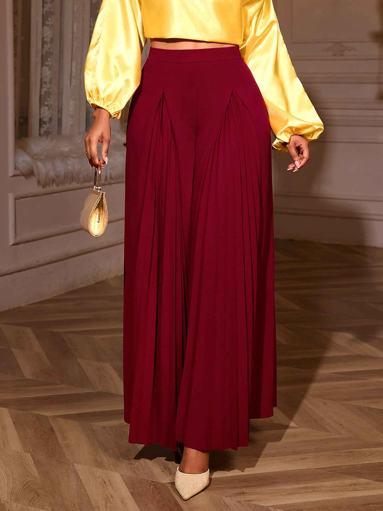 High Waist Dual Pleated Panel Wide Leg Floor Length Palazzo Pants