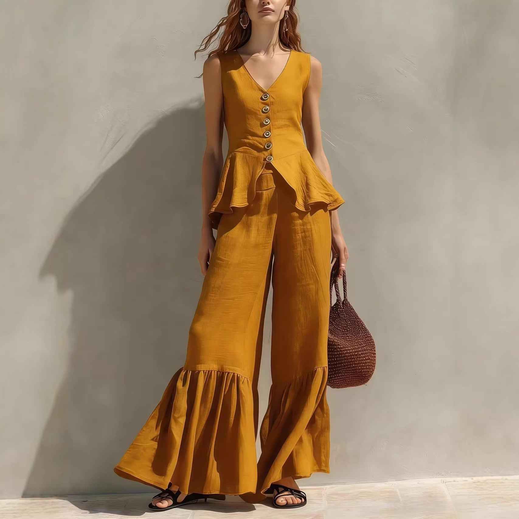 Linen Sleeveless V-Neck Button-Down Flounce Top & Wide-Leg Pants Two-Piece Set