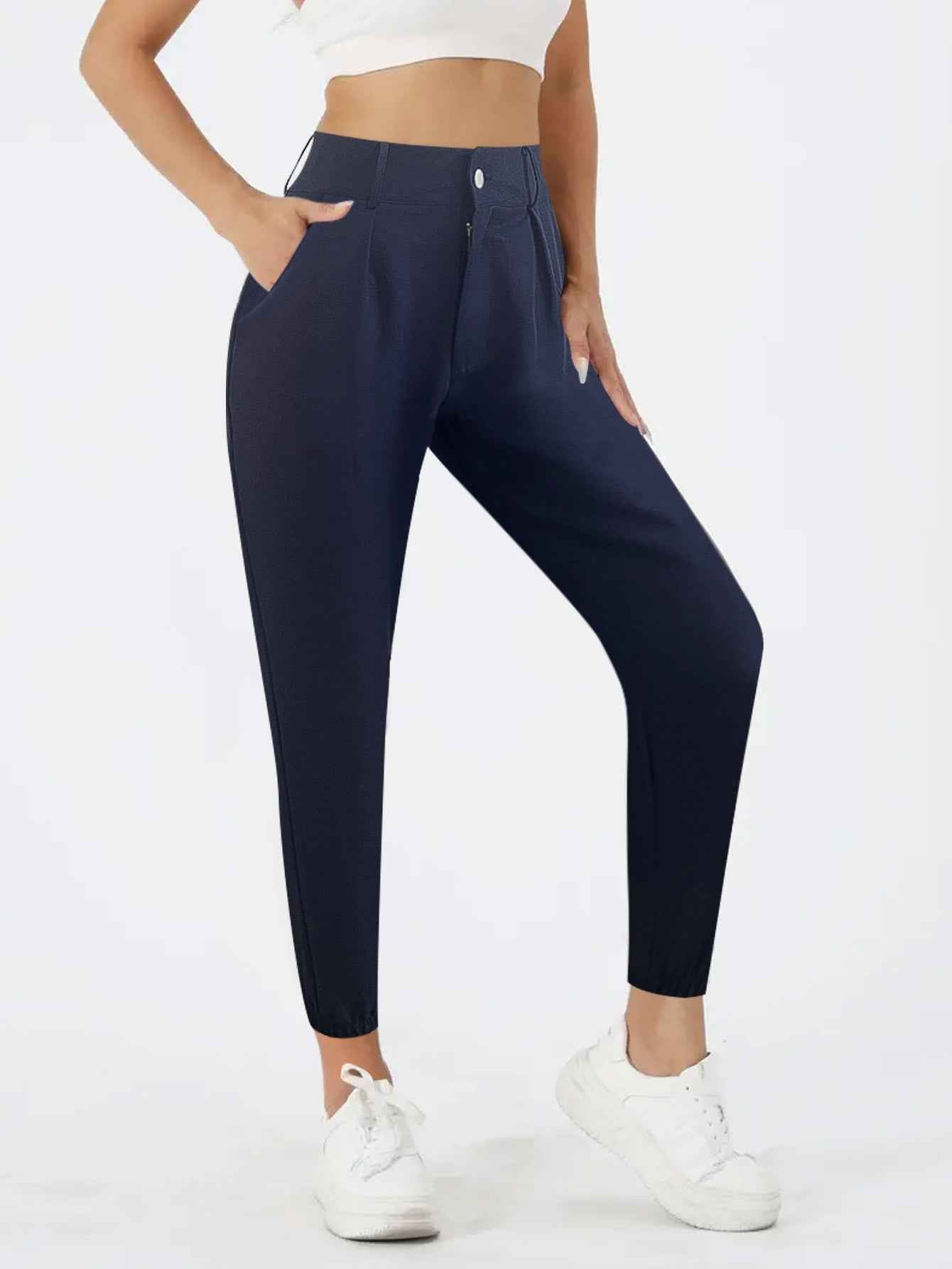 High-Waist Tapered Jogger Pants – Button Fly Ankle Trousers with Pockets