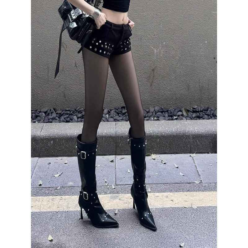 Pointed-Toe Rivet Buckle High-Heel Long Boots