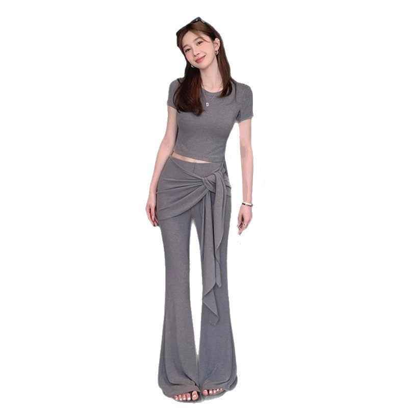 Womens Summer American-Style Short T-Shirt Mock Two-Piece Lace-Up Flare Pants Ultra-Stretch Yoga Two-Piece Set