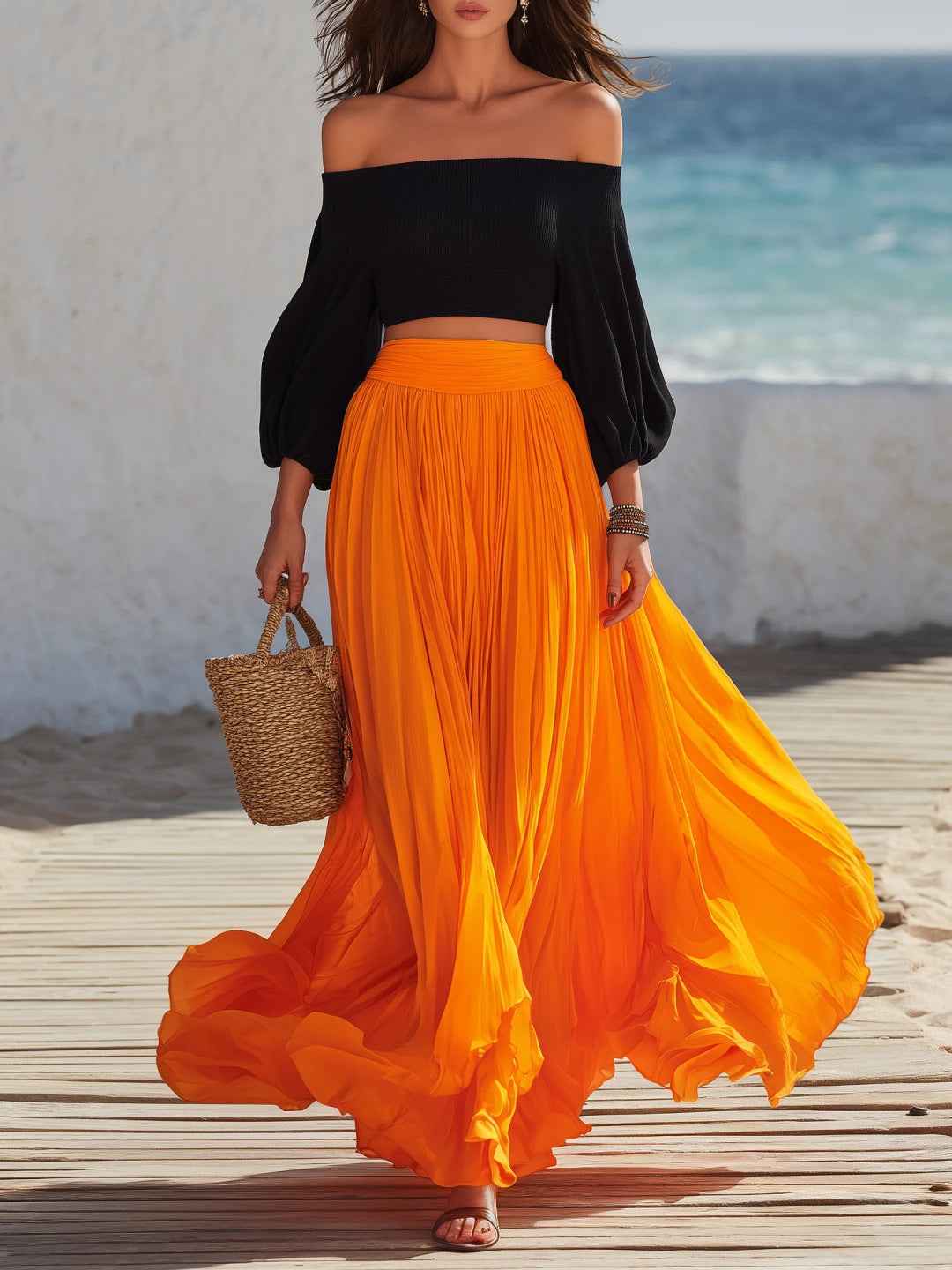 Off-shoulder Strapless Top With Bubble Sleeves And Skirt Set