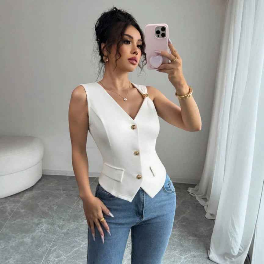 Sleeveless V-Neck Single-Breasted Work Vest — 3 Colours