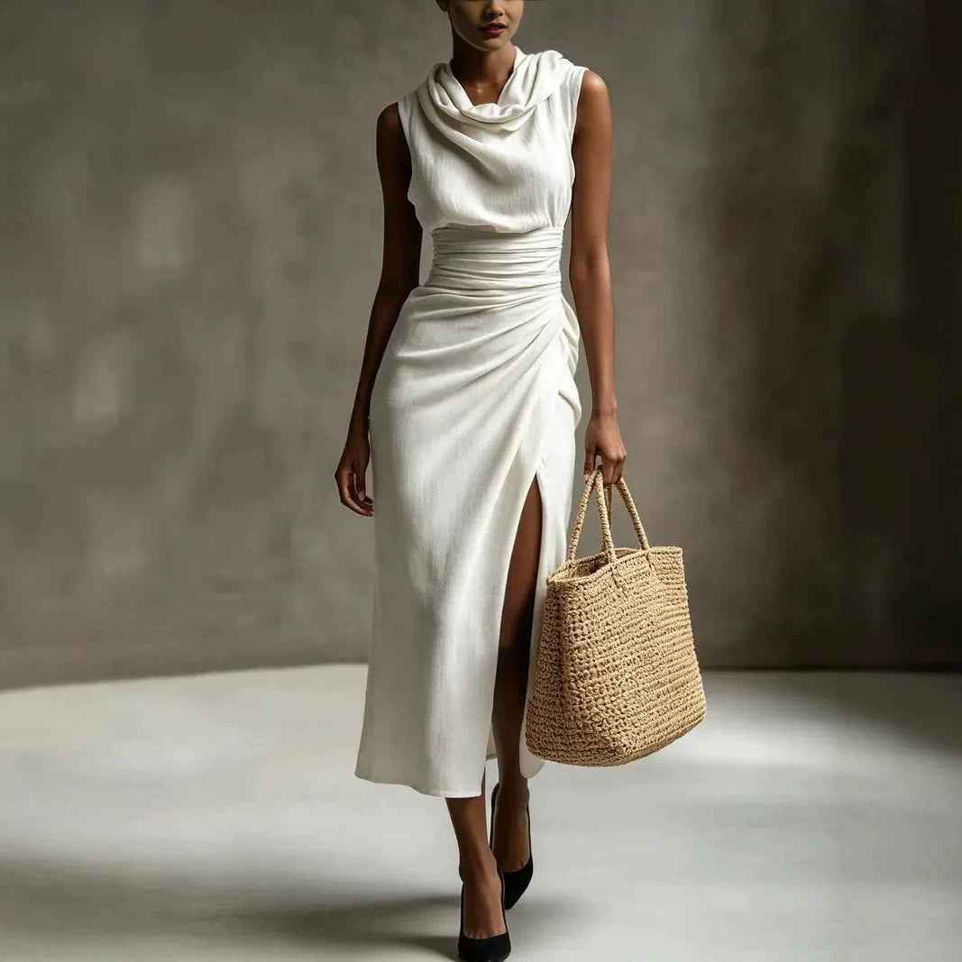 Sleeveless High-Waist Pleated Ruched Backless Slit Cotton-Linen Maxi Dress